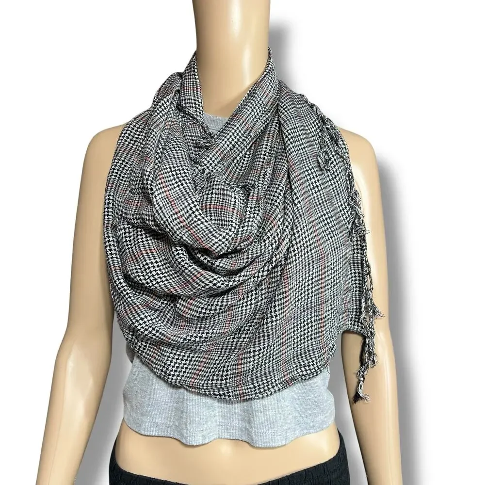 Womens Plaid Scarf Wrap with Fringe Black White and Red Rectangle Lightweight